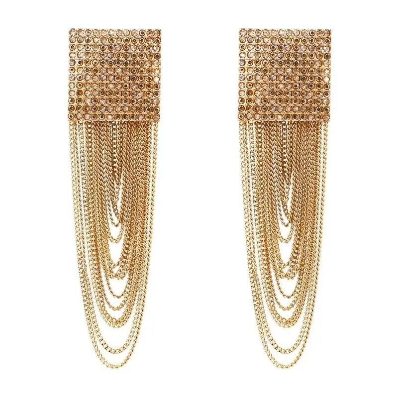Aretes Largos Fiesta Dorados Cuadro Cristales Moda