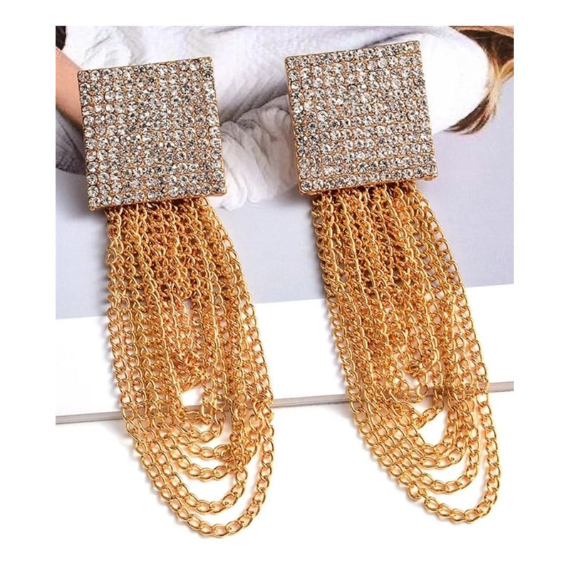 Aretes Largos Fiesta Dorados Cuadro Cristales Moda