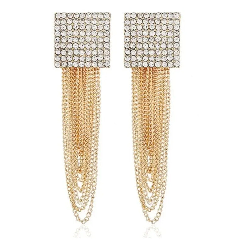 Aretes Largos Fiesta Dorados Cuadro Cristales Moda