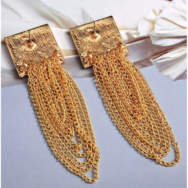 Aretes Largos Fiesta Dorados Cuadro Cristales Moda