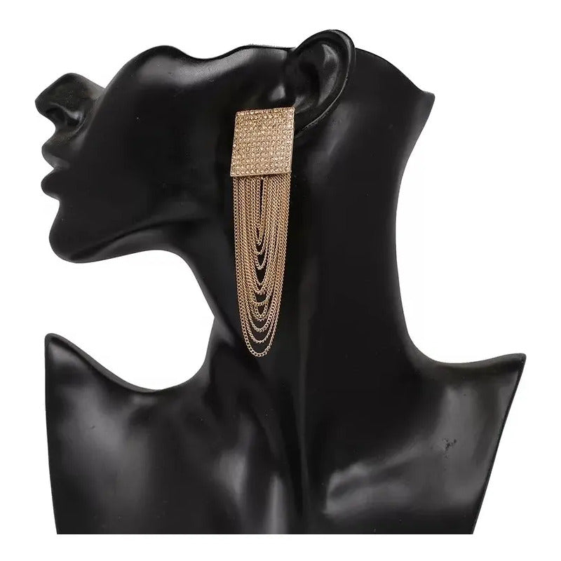 Aretes Largos Fiesta Dorados Cuadro Cristales Moda